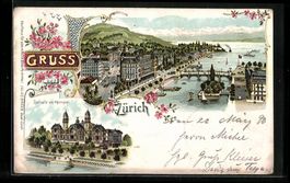 Litho Zürich, Zürichsee mit Brücke, H