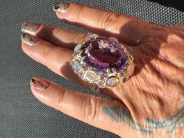 GRAND!45 cts Amethyst & Opals SS925 14K Gold Vermeil Ring