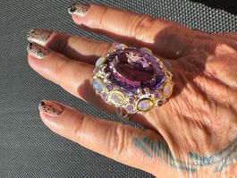 💲GRAND!45 cts Amethyst & Opals SS925 14K Gold Vermeil Ring