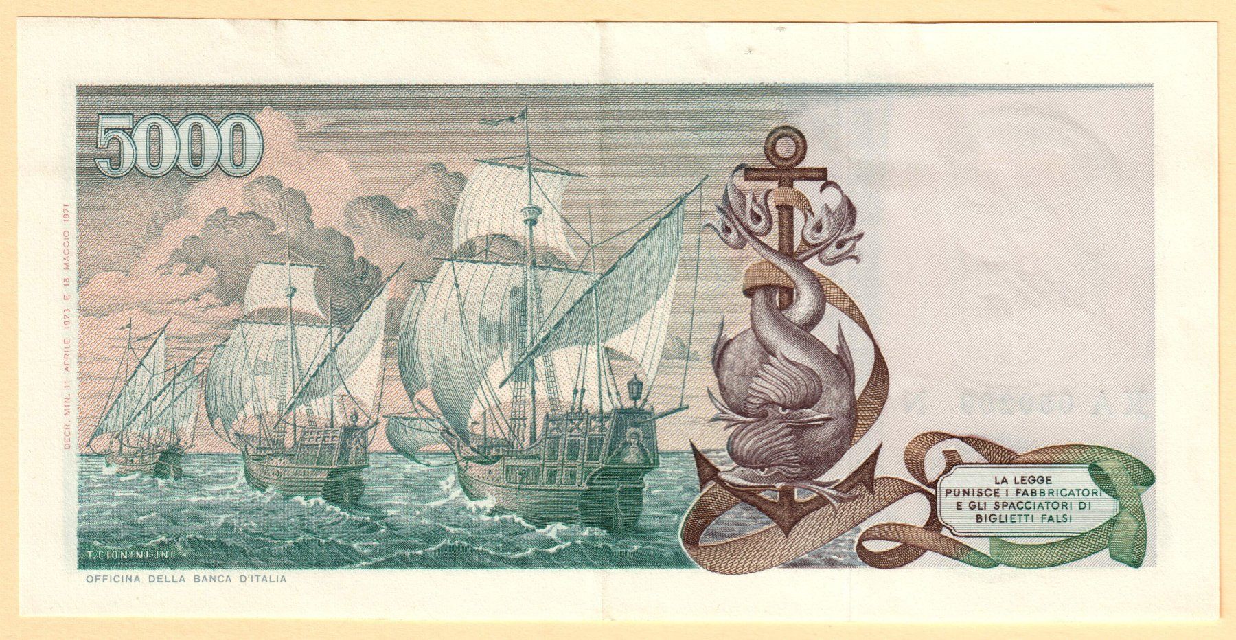 b- Italien, 5000 Lire Colombo 11.04. 1973 KA-N (Gebraucht) in Chiasso ...