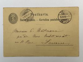 Postkarte 1885 von Zürich nach Lausanne