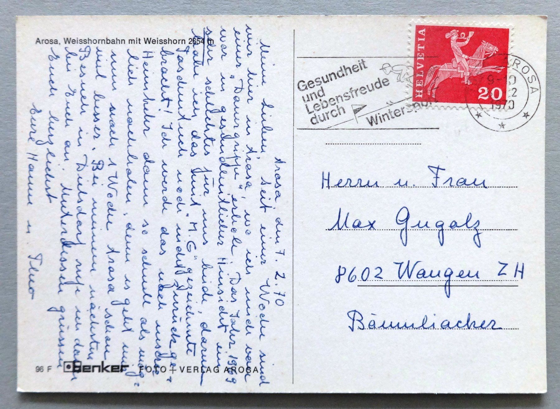 Cartoline postali: Arosa, Weisshornbahn mit Weisshorn – Usato da Fétigny venduto da Billy2miny 1