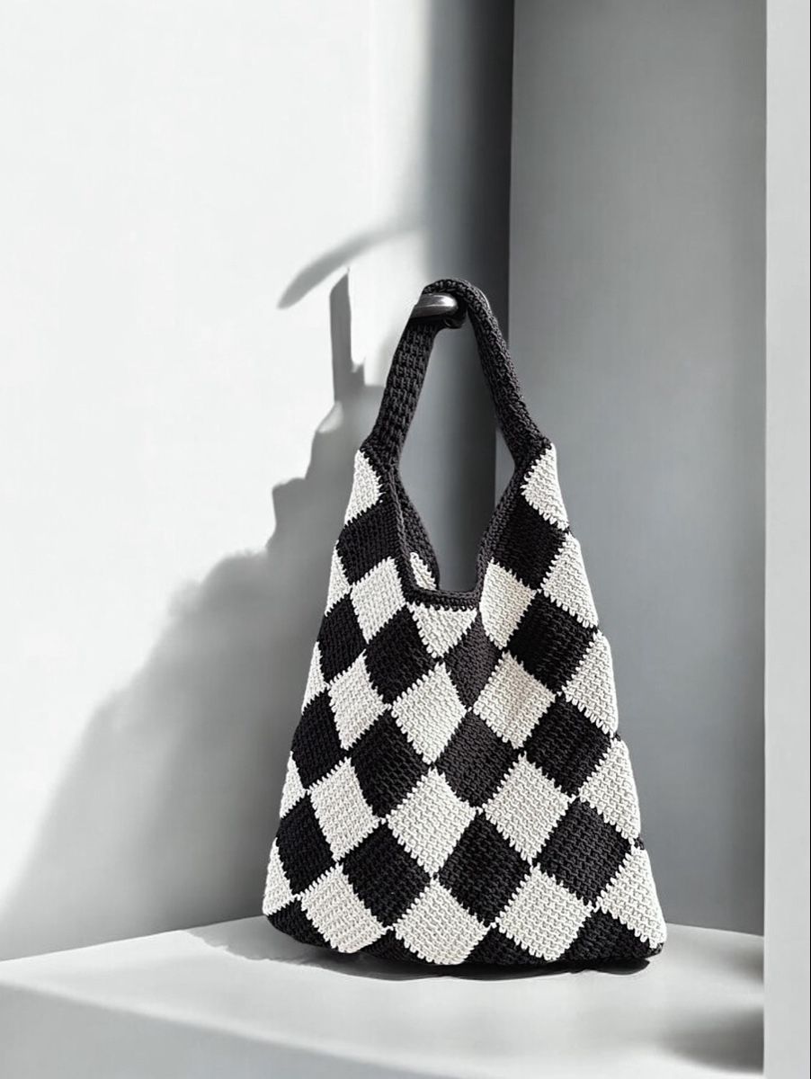 Borse: Crocheted Bag Black White Checkered Pattern Handbag – Nuovo (secondo la descrizione) da Lossy venduto da Jungs_Macrame 1