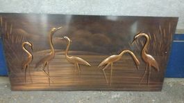 Wandbild mit Reiher-Motiv, Kunsthandwerk aus Kupfer
