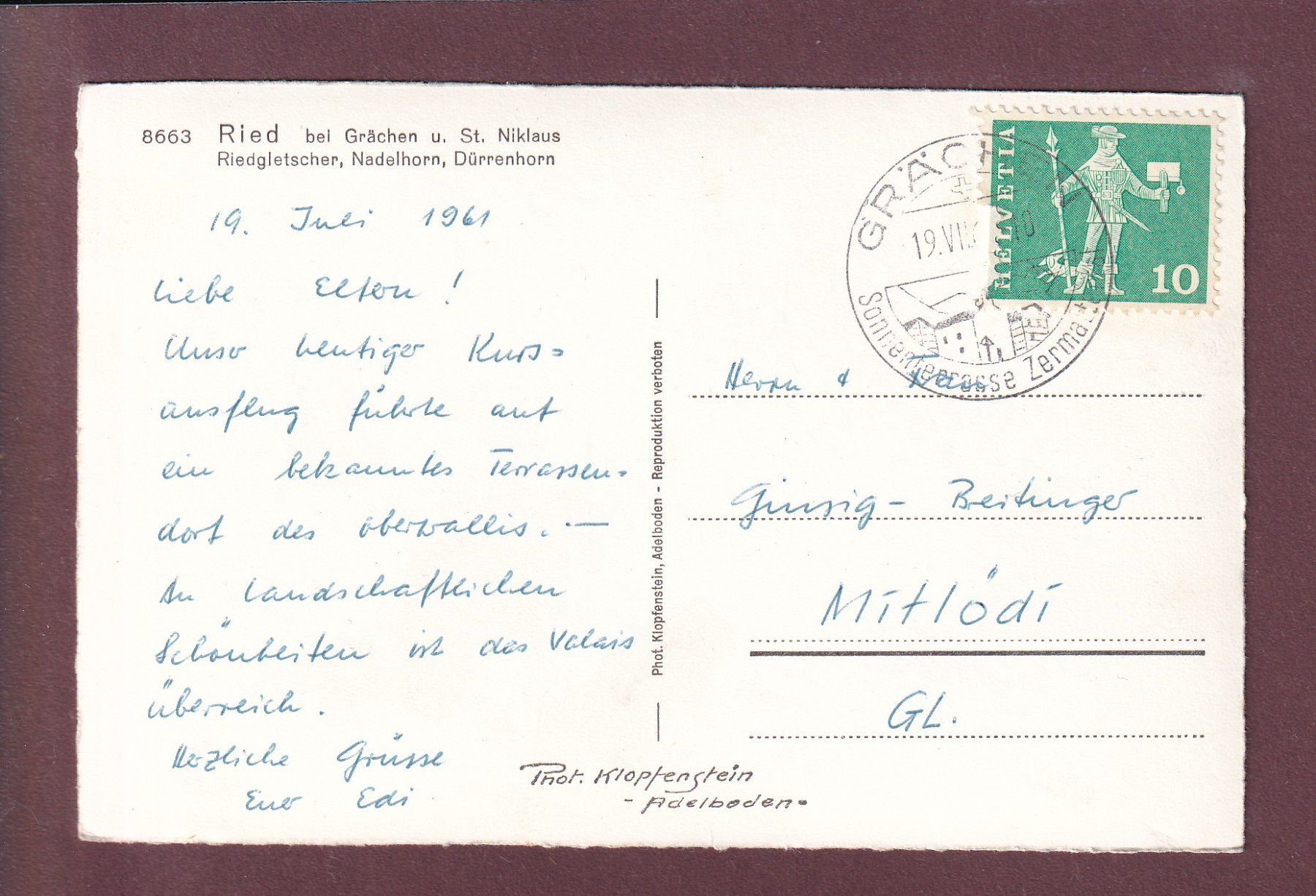 Ansichtskarten: RIED bei Grächen - Riedgletscher - 1961 – Gebraucht aus Pully von nicecards 1