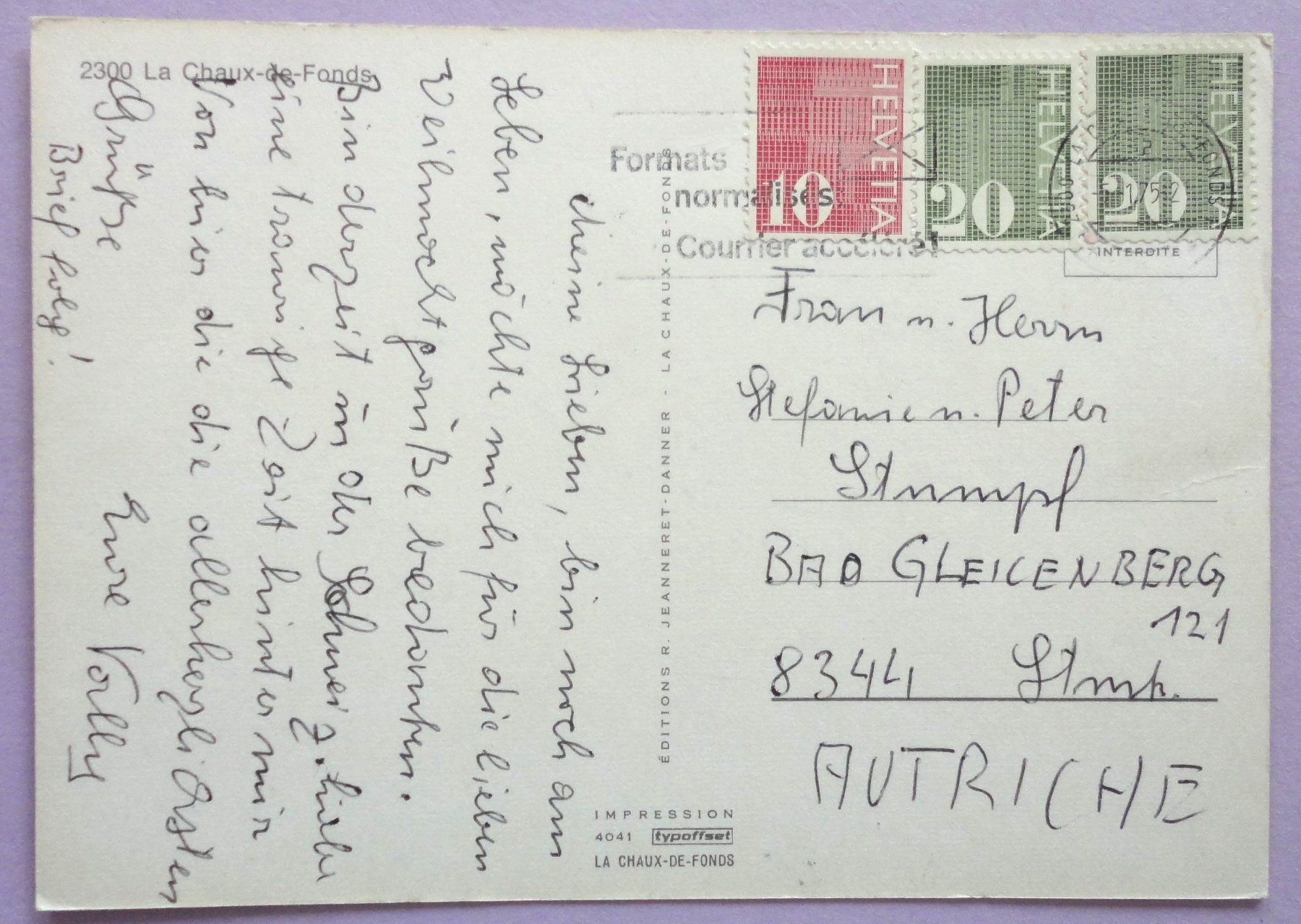 Cartoline postali: La Chaux-de-Fonds – Usato da Fétigny venduto da Billy2miny 1