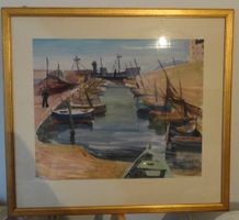 Signiertes Aquarell – Hafen mit Booten, gerahmt