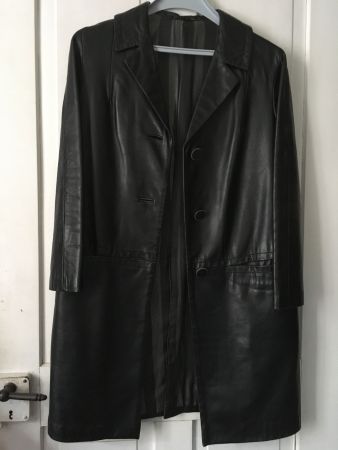 Vintage Damen Leder Mantel schwarz Futter grau gestreift caL