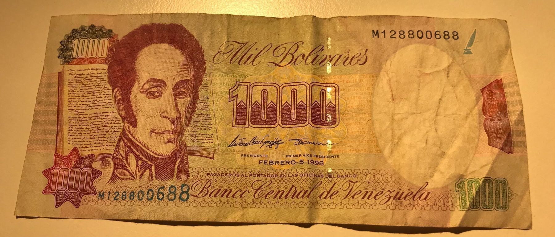 Banknoten: Venezuela 1000 Bolivares 1998 – Gebraucht aus Algetshausen von Carrhard