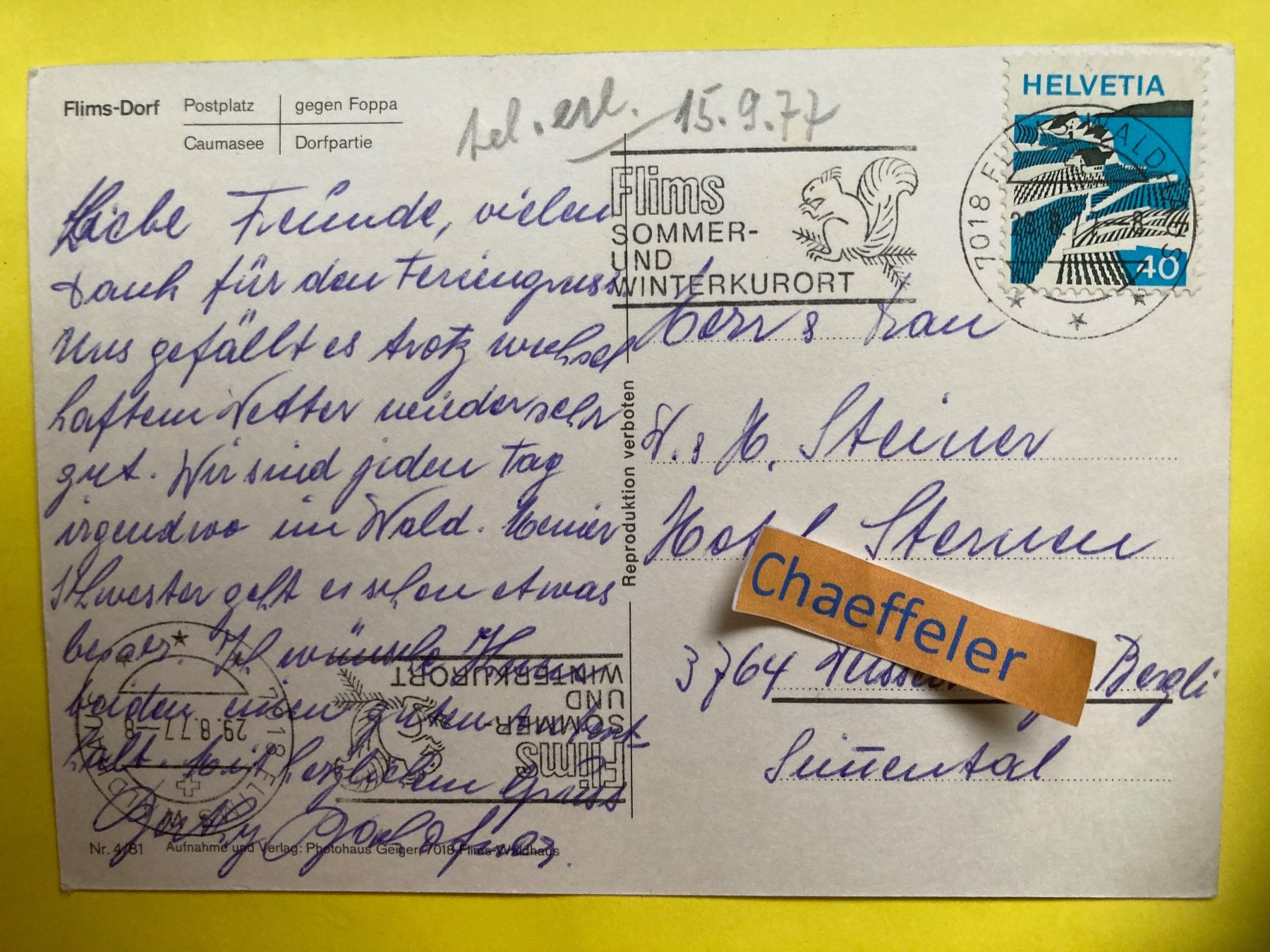 Ansichtskarten: 1977 Flims – Gebraucht aus Zürich von Chaeffeler 1