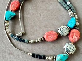 Boho-Ethno Long Kette – Türkis & Koralle – Vintage 62 cm