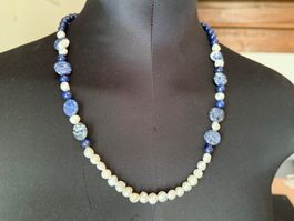 Unikat💎Neue Lapislazuli-Halskette, Süßwasserperlen, Sodalit