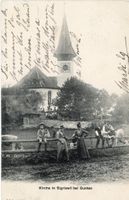 Sigriswil   BE  -    Leute am Zaun  -  Kühe     um  1 9 0 5