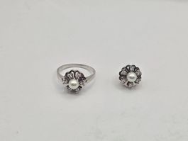 Schmuckset Ring und Ohrstecker  750 Gold Perle Diamanten