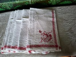6 Stk. alte,Vintage Küchentücher mit Monogramm FH, rot-natur