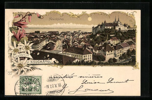 Cartoline postali: Lithographie Neuchatel, Gesamtansicht – Usato da Berlin venduto da bartko-reher