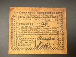 USA Kolonialbanknote North Carolina 4 Dollars 1778