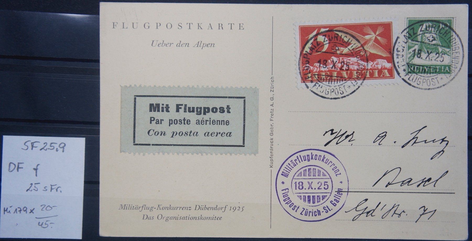 Tutti i francobolli: CH - Flugpost - Sonderflug - SF 25.9 – Usato da Rombach venduto da VENTIS-Auktionen
