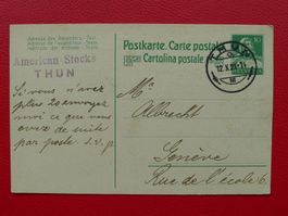 1921: Karte von THUN nach GENEVE. +AMERICAN STOCKS THUN !