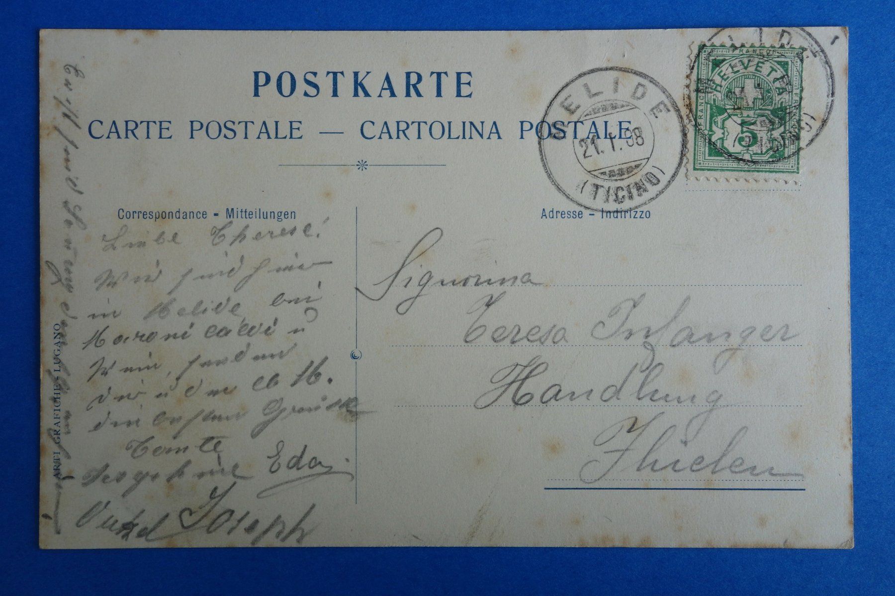 Cartoline postali: MELIDE - un saluto da Melide - -Ristorante Lugano - 1908 – Usato da Ibach venduto da Ibanto 1