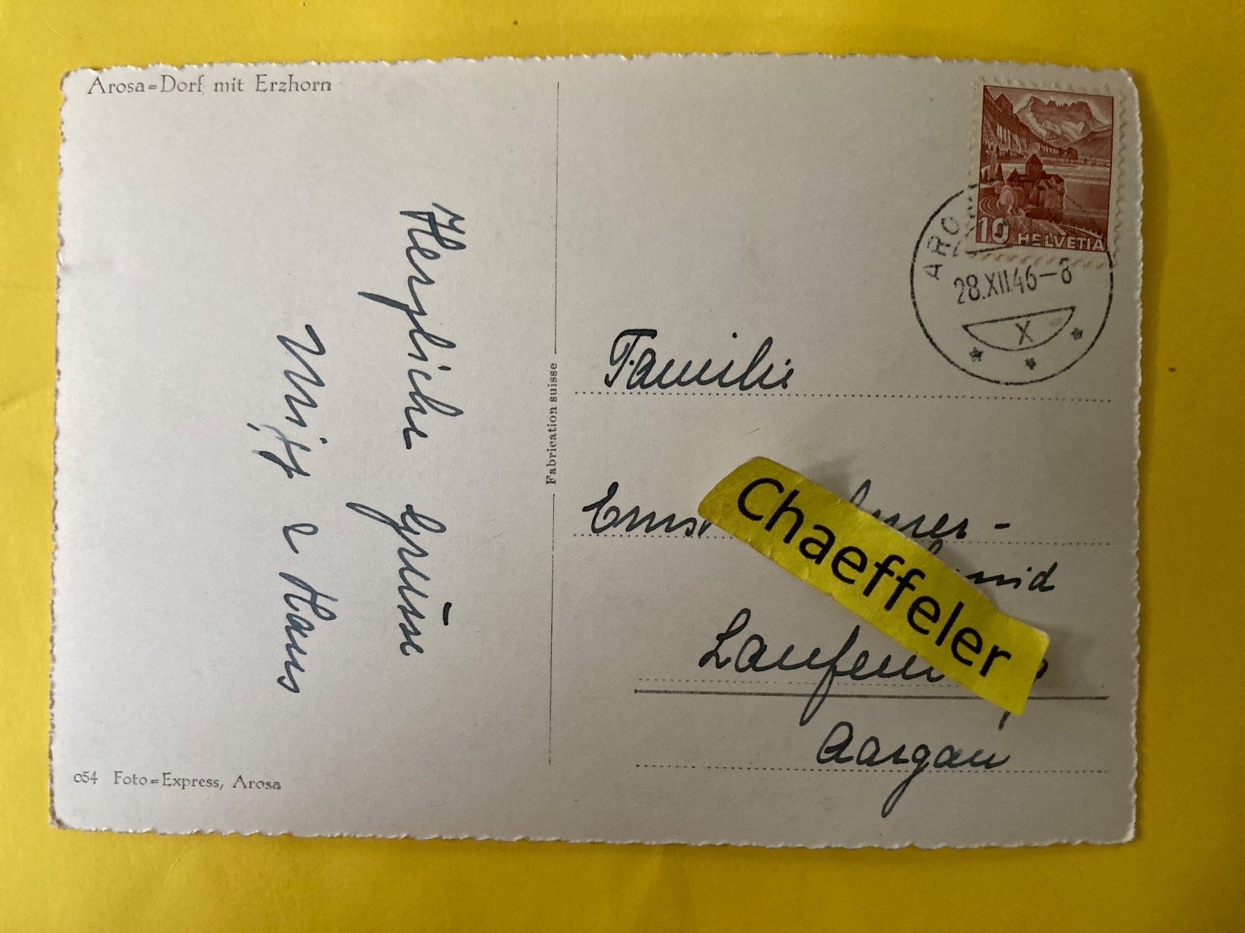Cartes postales: 1946 Arosa-Dorf mit Erzhorn – D'occasion à Zürich par Chaeffeler 1