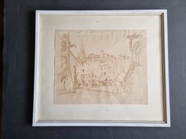 Adolf Tièche Lithographie Rathausplatz Bern mit Rahmen