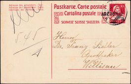 1923: 10 Cts GS-PK: Stabstempel AREZEN (GR) nach Willisau