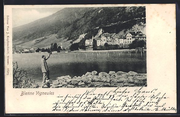 Cartoline postali: AK Bienne-Vigneules, Uferpartie mit Mann – Usato da Berlin venduto da bartko-reher