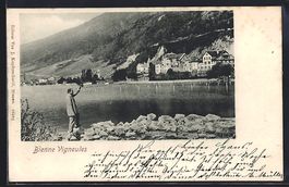 AK Bienne-Vigneules, Uferpartie mit Mann