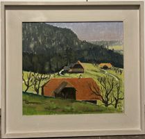 Ölgemälde "Bauernhäuser", signiert Hans Scheitlin