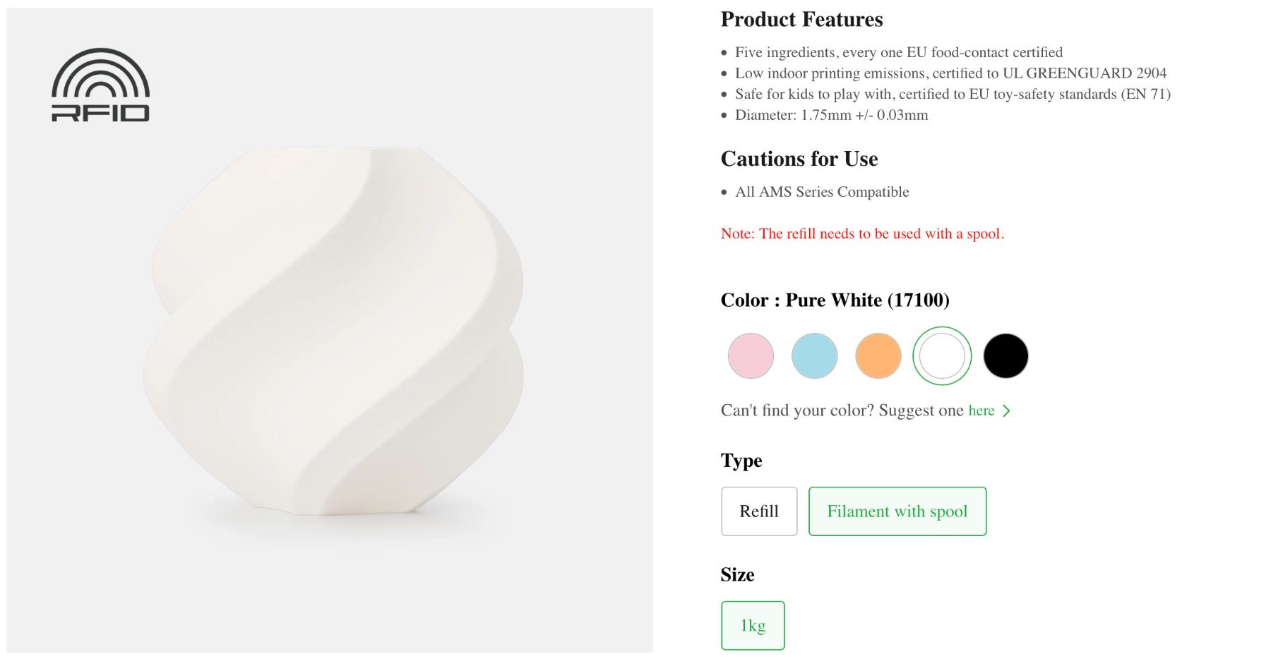 Filamento: Bambu Lab PLA Pure White (17100) / with spool – Nuovo e nell'imballaggio originale da Aven venduto da psdigital 1