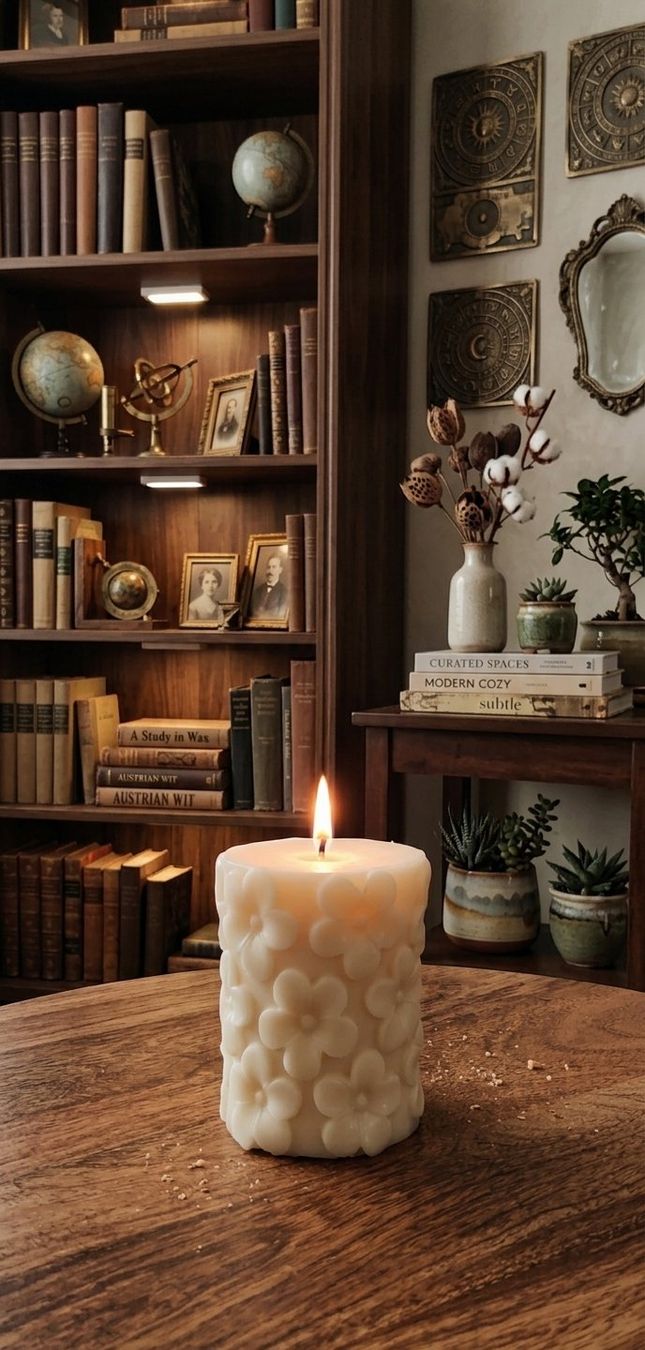 Candele: Stumpenkerze mit Retro-Gänseblümchen-Muster – Nuovo e nell'imballaggio originale da Sisseln AG venduto da swissheartandhand 1