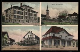 AK Kerzers, Schulhaus, Dorfstraße mit Bäckerei von G. Tschäc