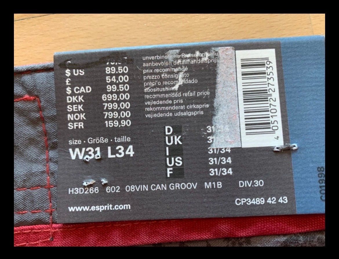 Esprit Pantaloni: ESPRIT Hose, Gr. W31/L34, NEU – Nuovo e nell'imballaggio originale da Hettiswil venduto da CoWa1974 1