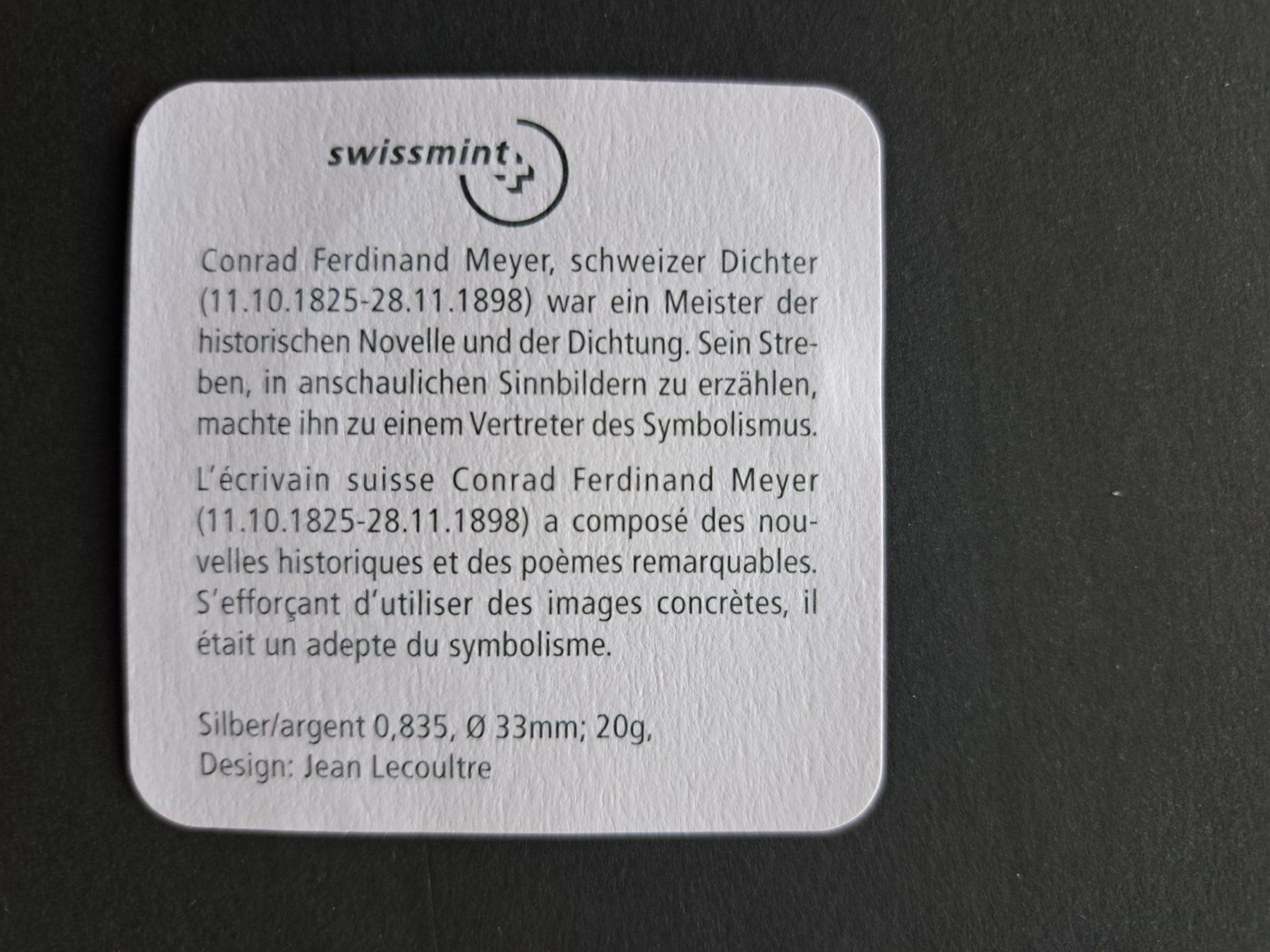 Tutti le monete: 20 Fr. Gedenkmünze 1998  C.F. Meyer PP – Usato da Bazenheid venduto da derdelorean01 3