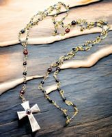 Rosenkranz-Kette Turmalin & Tigerauge. Kreuz Bronze & Topas