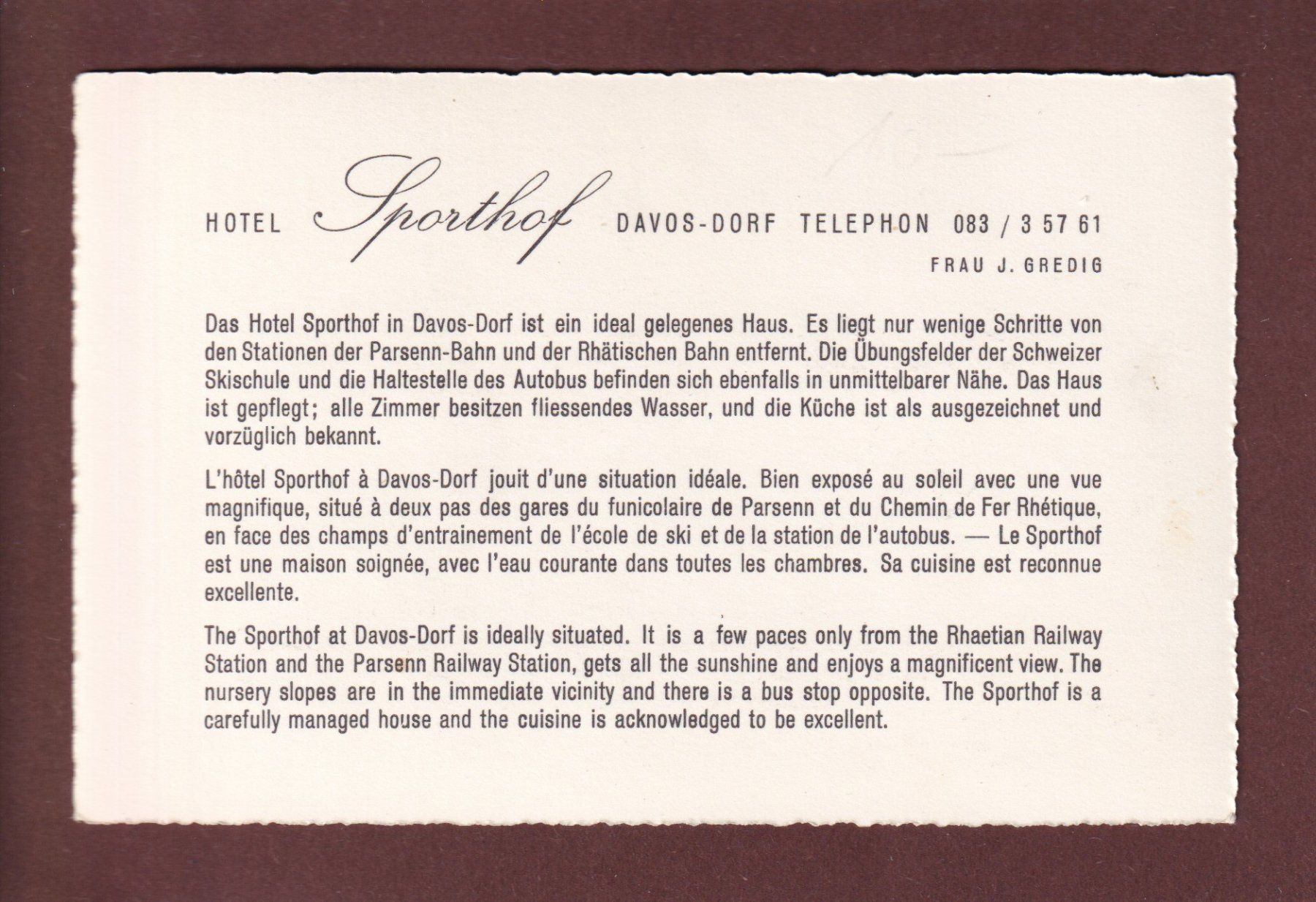Cartoline postali: DAVOS-DORF - Hotel Sporthof – Usato da Pully venduto da nicecards 1