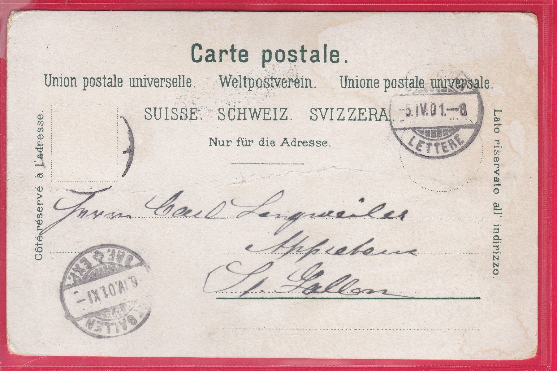 Cartoline postali: RICORDO DA BELLINZONA, 5.4.1901 – Usato da Oberrieden venduto da Gebirgsstelze 1