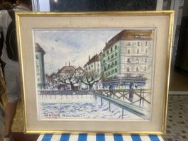 GENÈVE PLACE DU CHEVELU GRANDE TABLEAU SIGNÉ