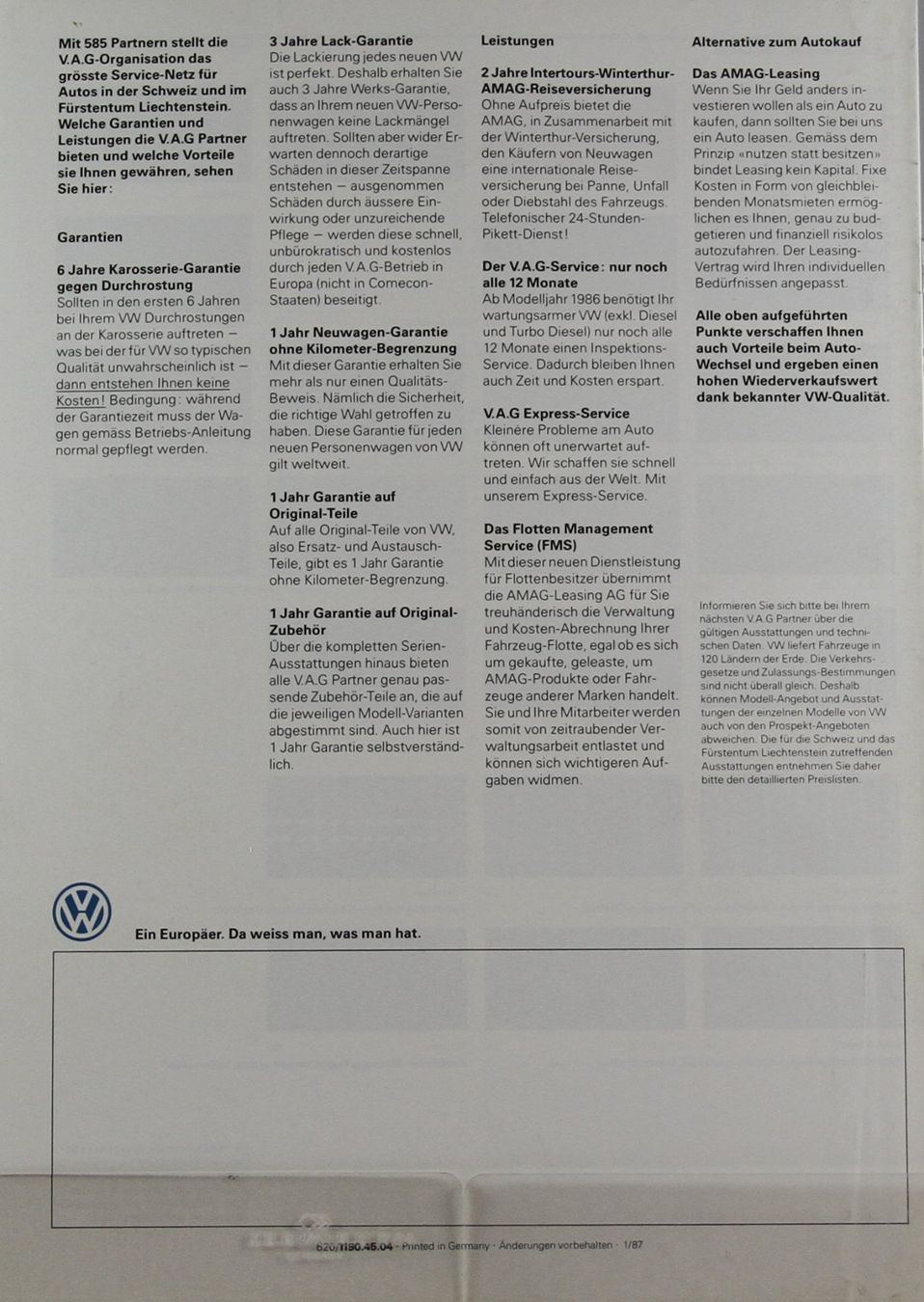 VW Documenti: PROSPEKT & PL | VW PASSAT VARIANT SYNCRO / B2 | AB 01.1987 – Usato da Unterägeri venduto da GIGOLOLIT 2