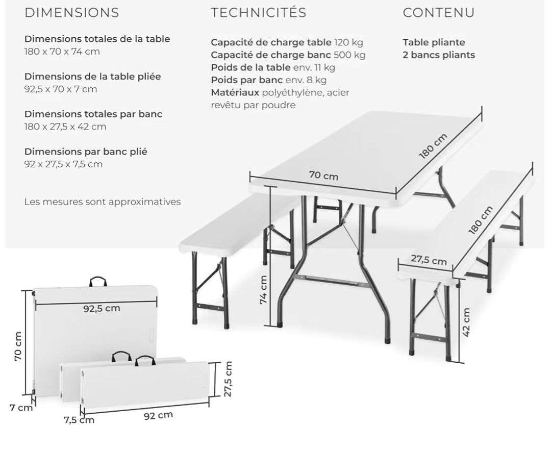 Tischset: Ensemble Table de Camping et 2 Bancs, Blanc Pliable – Gebraucht aus Genève von ErikaGE 1