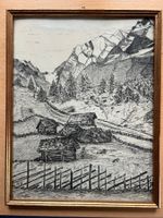 Tuschzeichnung Alpenlandschaft gerahmt, Zustand gut