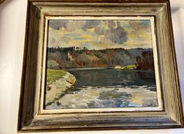 Oelgemälde H. Bandi 1950 Flusslandschaft Wohlensee signiert