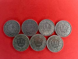 7 Schweizer 1 Franken Silbermünzen, Jahrgänge 1914 - 1959 G