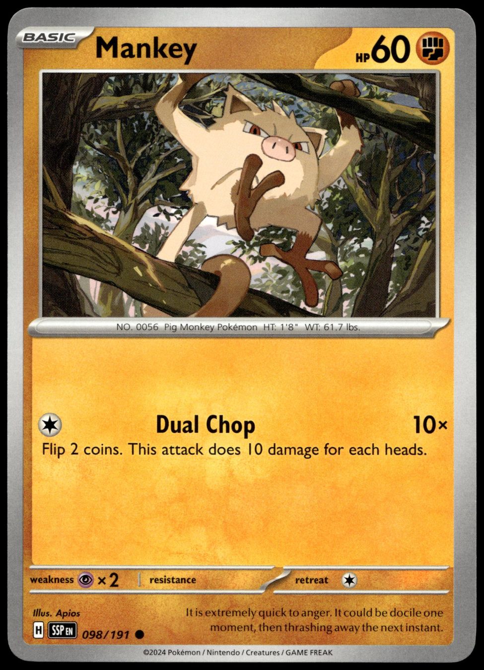 Pokémon Sammelbilder & Trading cards: Pokémon Mankey 098/191   SV08 Surging Sparks – Gebraucht aus Le Mouret von PokemonCards_CH