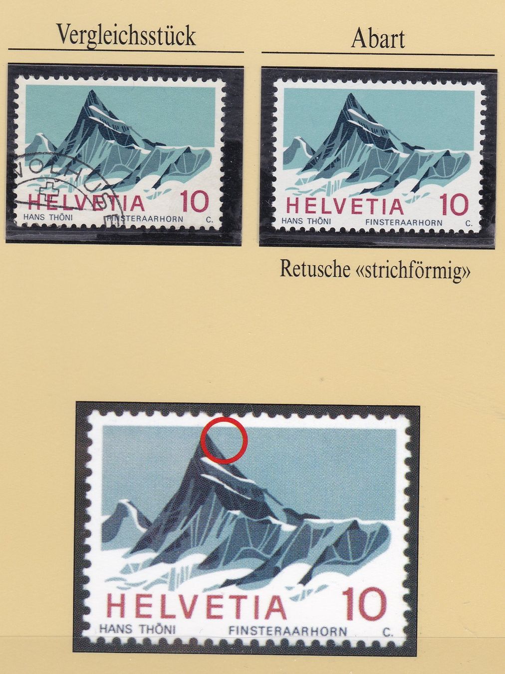 Alle Briefmarken: 1966, ABART, FINSTERAARHORN, RETUSCHE STRICHFÖRMIG – Gebraucht aus Oberrieden von Gebirgsstelze