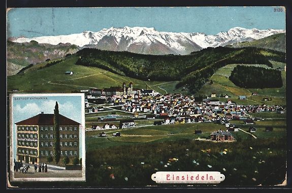 Cartoline postali: Einsiedeln, Totalansicht, Gasthaus Katha – Usato da Berlin venduto da bartko-reher