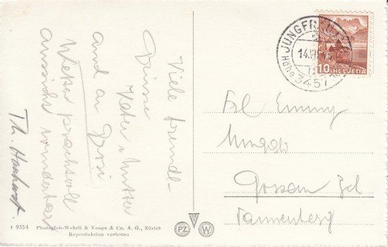 Cartoline postali: Eiger, Mönch & Jungfrau, 1945 – Usato da Zuerich venduto da OceanLinerPostcards 1