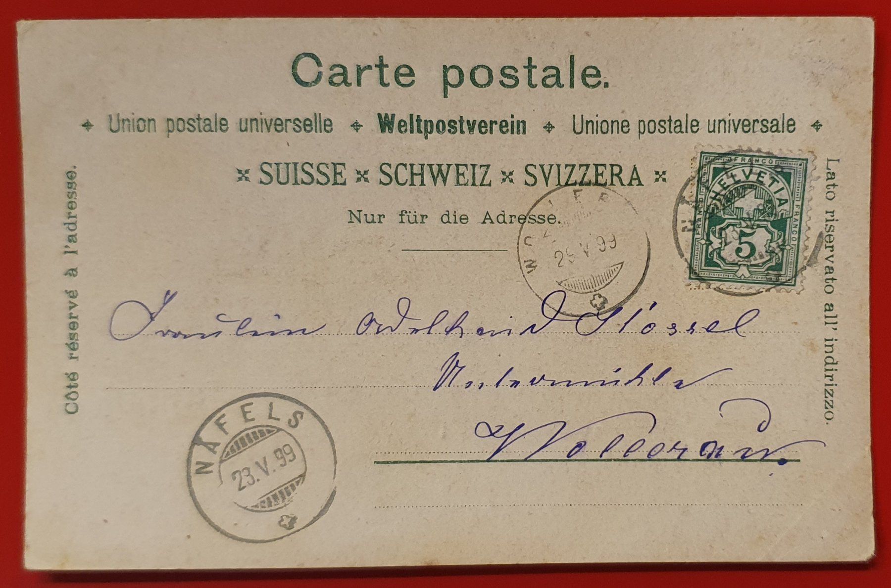 Cartoline postali: Gruss aus Näfels 1899 – Usato da Kreuzlingen venduto da Rschweiz1 1