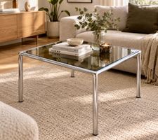 70er Design Couchtisch Stahlrohr Chrom Glasplatte Rauchglas